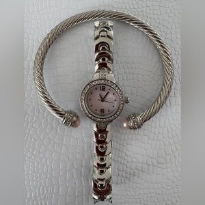FMDAL pink dial with rhinestones, silver tone, cable style watch & bangle set